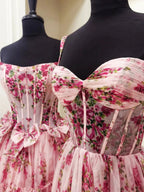 Sosi | Pink Sweetheart A Line Floral Printed Chiffon Long Prom Dress With Bow by KissProm