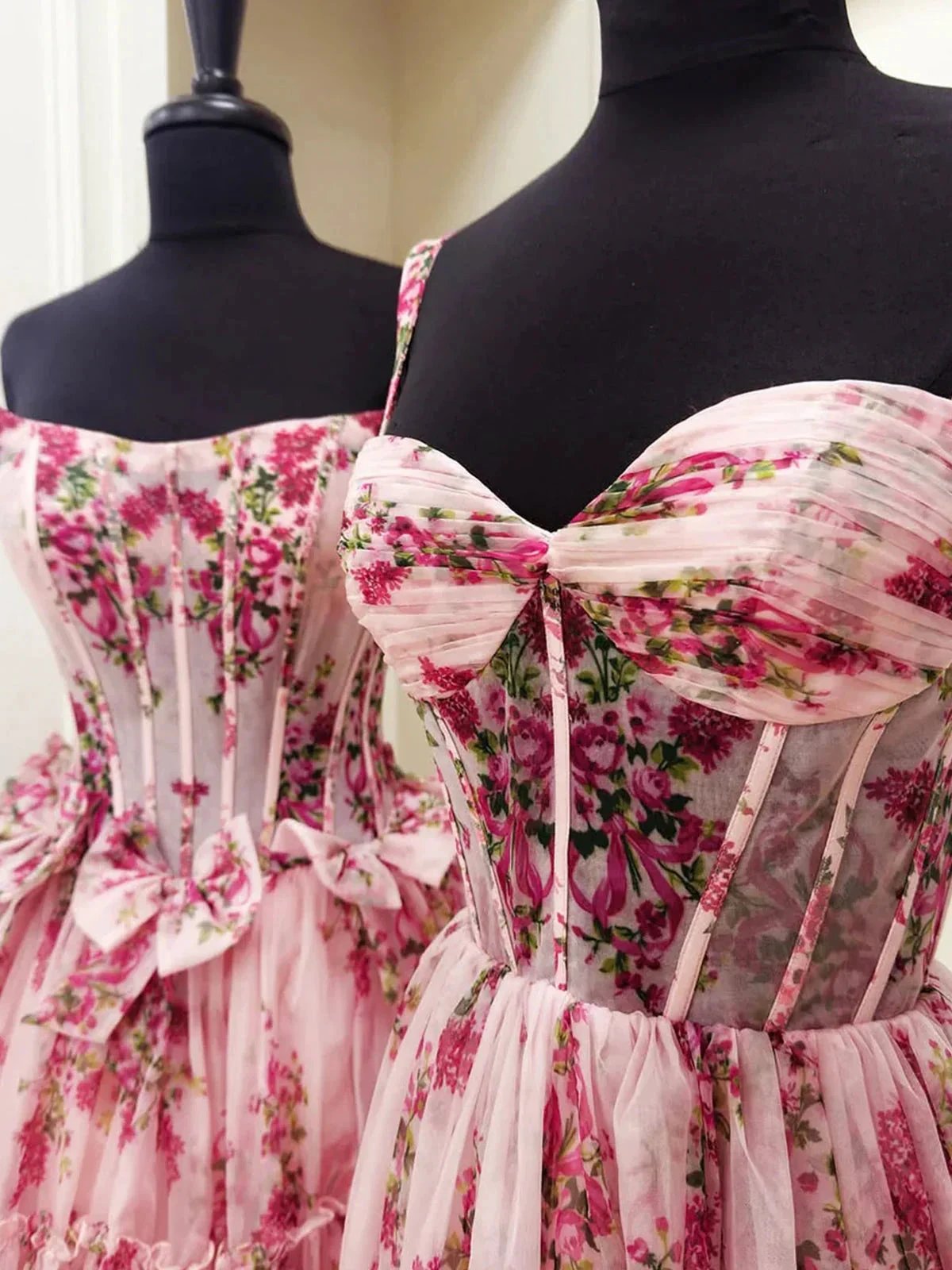 Sosi | Pink Sweetheart A Line Floral Printed Chiffon Long Prom Dress With Bow by KissProm