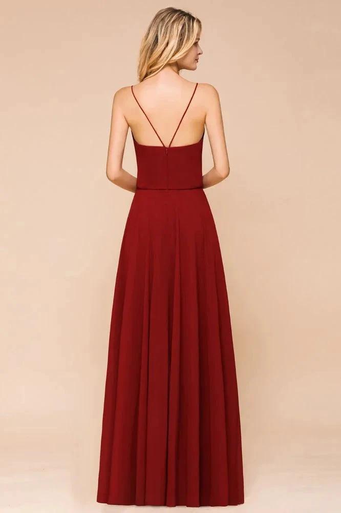 Spaghetti Chiffon Bridesmaid Dress Backless Burgundy Floor-Length Beach Wedding Dress by misshow.com