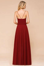 Spaghetti Chiffon Bridesmaid Dress Backless Burgundy Floor-Length Beach Wedding Dress by misshow.com