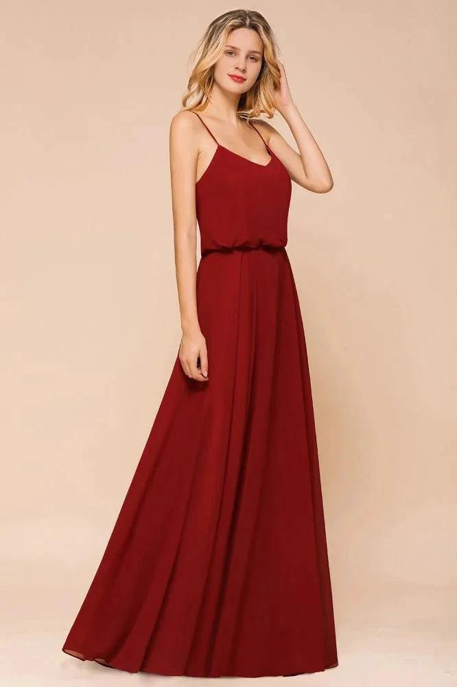 Spaghetti Chiffon Bridesmaid Dress Backless Burgundy Floor-Length Beach Wedding Dress by misshow.com