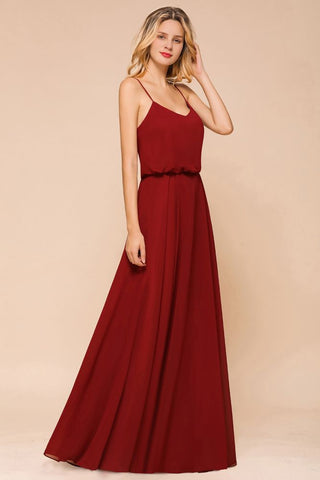 Spaghetti Chiffon Bridesmaid Dress Backless Burgundy Floor-Length Beach Wedding Dress