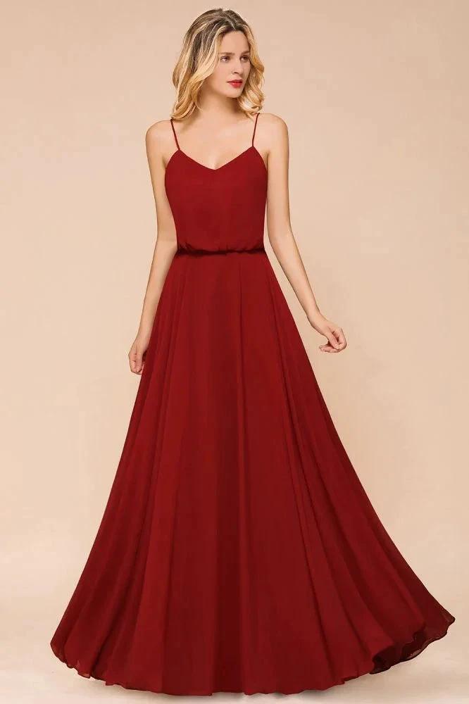 Spaghetti Chiffon Bridesmaid Dress Backless Burgundy Floor-Length Beach Wedding Dress by misshow.com