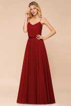 Spaghetti Chiffon Bridesmaid Dress Backless Burgundy Floor-Length Beach Wedding Dress by misshow.com