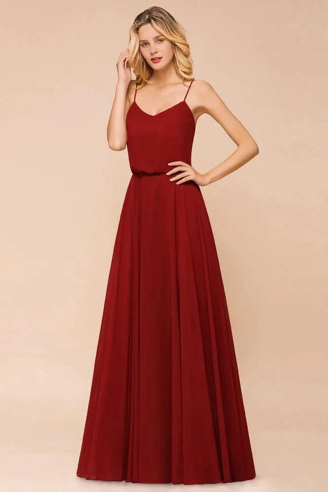Spaghetti Chiffon Bridesmaid Dress Backless Burgundy Floor-Length Beach Wedding Dress by misshow.com