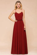 Spaghetti Chiffon Bridesmaid Dress Backless Burgundy Floor-Length Beach Wedding Dress by misshow.com