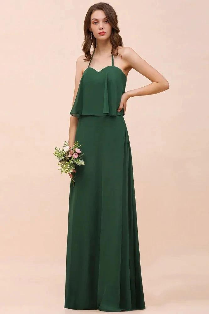 Spaghetti Chiffon Bridesmaid Dress Dark Green Maid of Honor Dress Floor Length by misshow.com