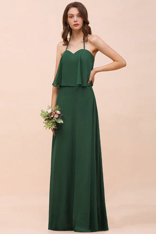 Spaghetti Chiffon Brautjungfernkleid Dunkelgrünes Brautjungfernkleid Bodenlang