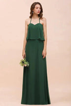 Spaghetti Chiffon Bridesmaid Dress Dark Green Maid of Honor Dress Floor Length by misshow.com