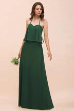 Spaghetti Chiffon Bridesmaid Dress Dark Green Maid of Honor Dress Floor Length by misshow.com