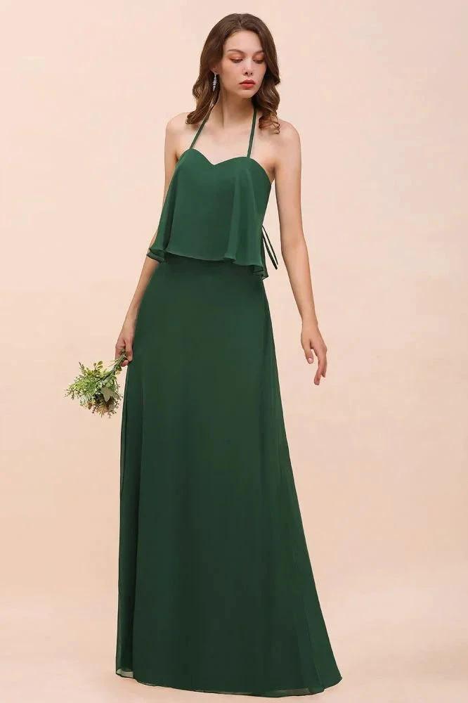 Spaghetti Chiffon Bridesmaid Dress Dark Green Maid of Honor Dress Floor Length by misshow.com