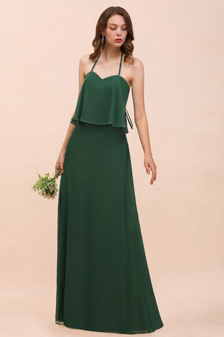 Spaghetti Chiffon Brautjungfernkleid Dunkelgrünes Brautjungfernkleid Bodenlang