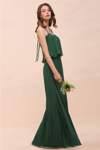 Spaghetti Chiffon Brautjungfernkleid Dunkelgrünes Brautjungfernkleid Bodenlang