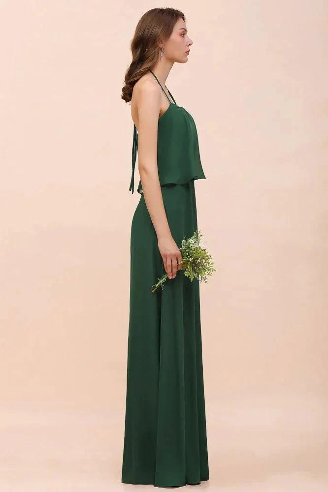Spaghetti Chiffon Bridesmaid Dress Dark Green Maid of Honor Dress Floor Length by misshow.com