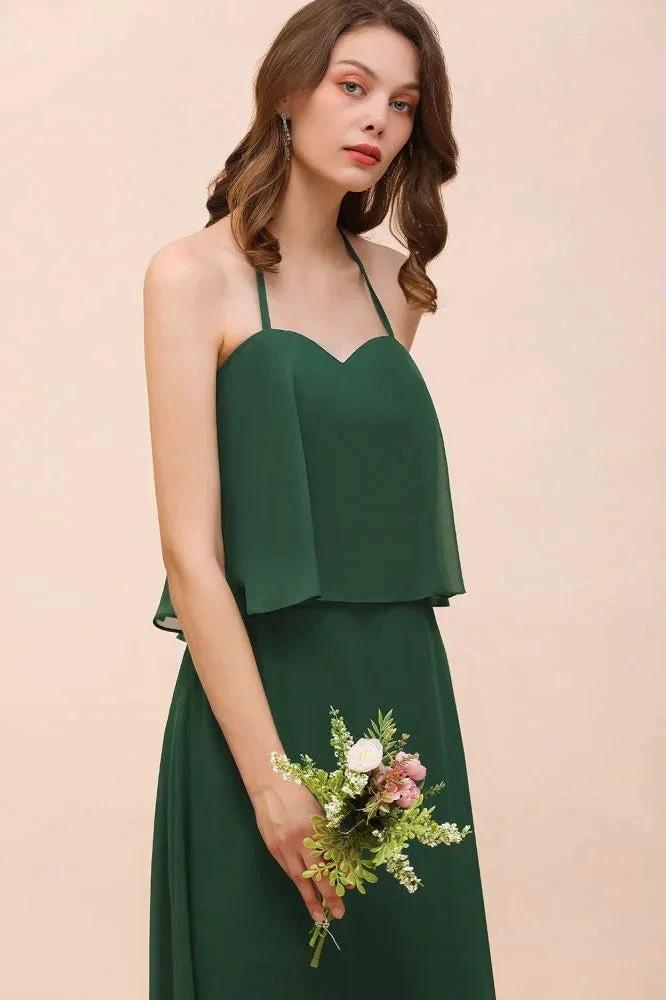 Spaghetti Chiffon Bridesmaid Dress Dark Green Maid of Honor Dress Floor Length by misshow.com