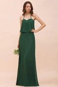 Spaghetti Chiffon Bridesmaid Dress Dark Green Maid of Honor Dress Floor Length by misshow.com