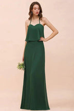 Spaghetti Chiffon Bridesmaid Dress Dark Green Maid of Honor Dress Floor Length by misshow.com