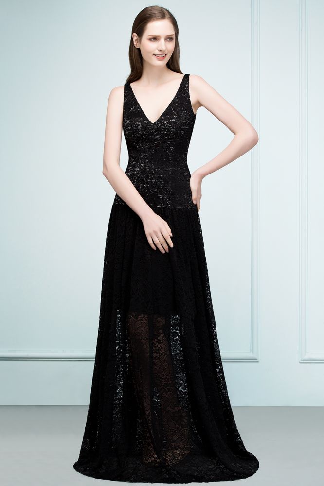 Spaghetti Floor Length A-line V-neck Lace Bridesmaid Dresses