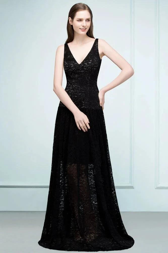 Spaghetti Floor Length A-line V-neck Lace Bridesmaid Dresses by misshow.com