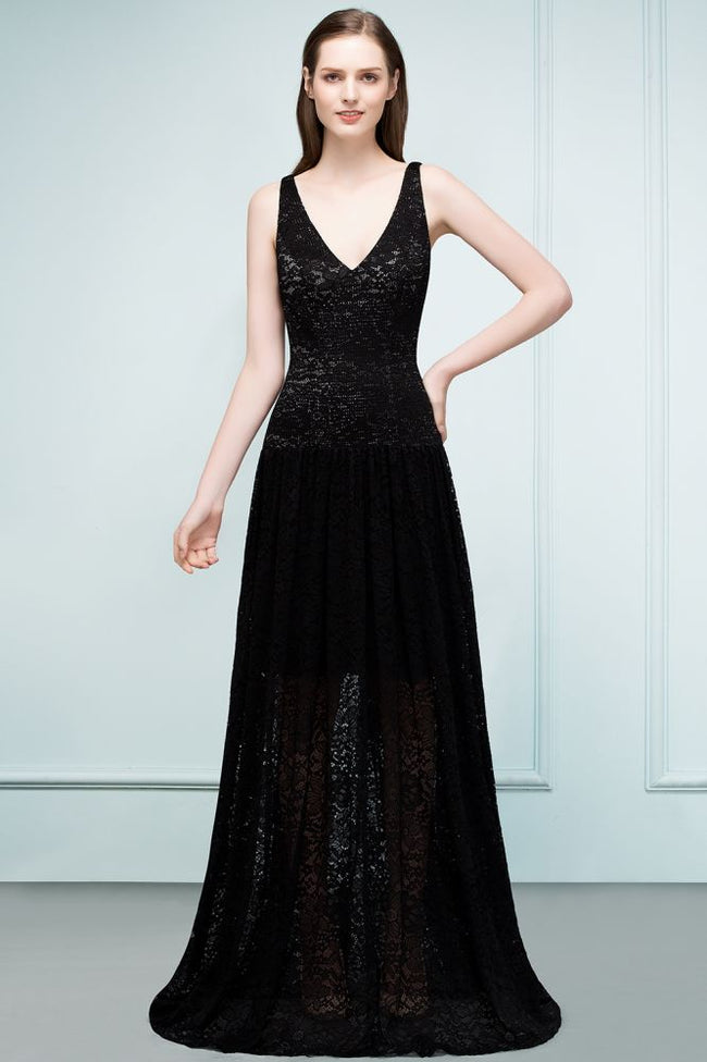 Spaghetti Floor Length A-line V-neck Lace Bridesmaid Dresses Hover Image