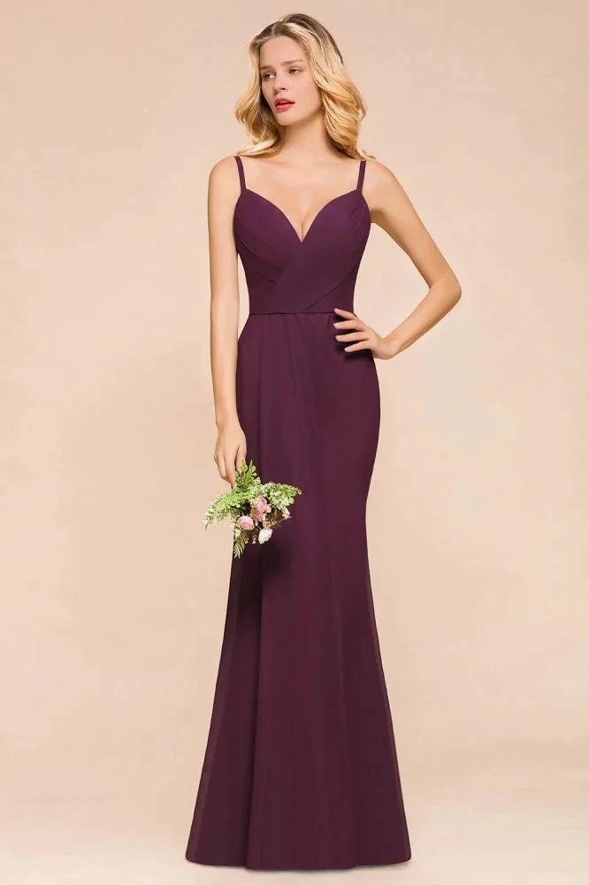 Spaghetti Mermaid Bridesmaid Dress Chiffon Simple Floor Length Party Gown by misshow.com