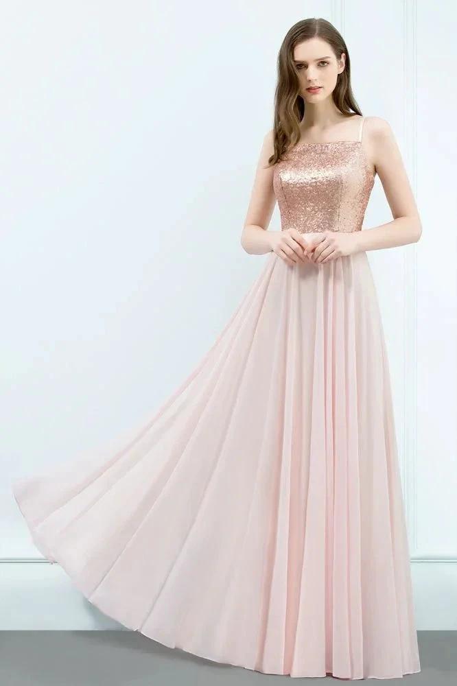 Spaghetti Sequined Top A-line Floor Length Chiffon Prom Dresses by misshow.com