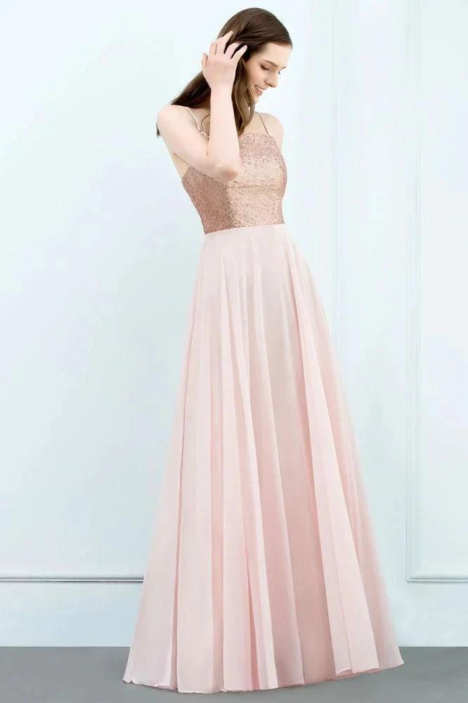 Spaghetti Sequined Top A-line Floor Length Chiffon Prom Dresses by misshow.com