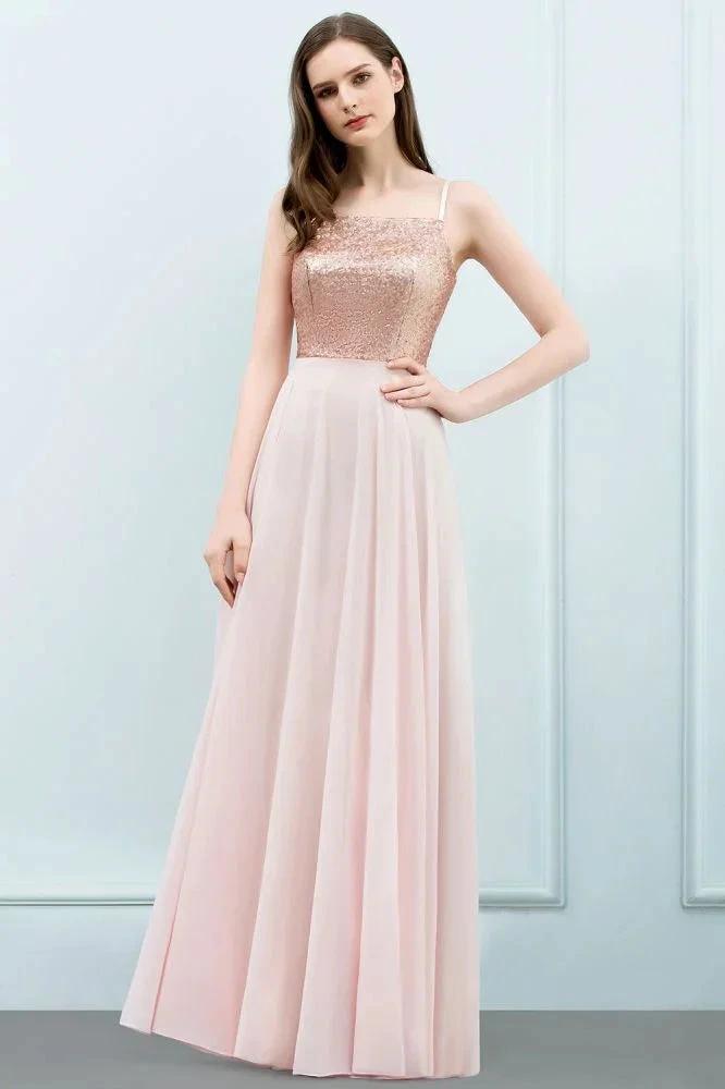 Spaghetti Sequined Top A-line Floor Length Chiffon Prom Dresses by misshow.com