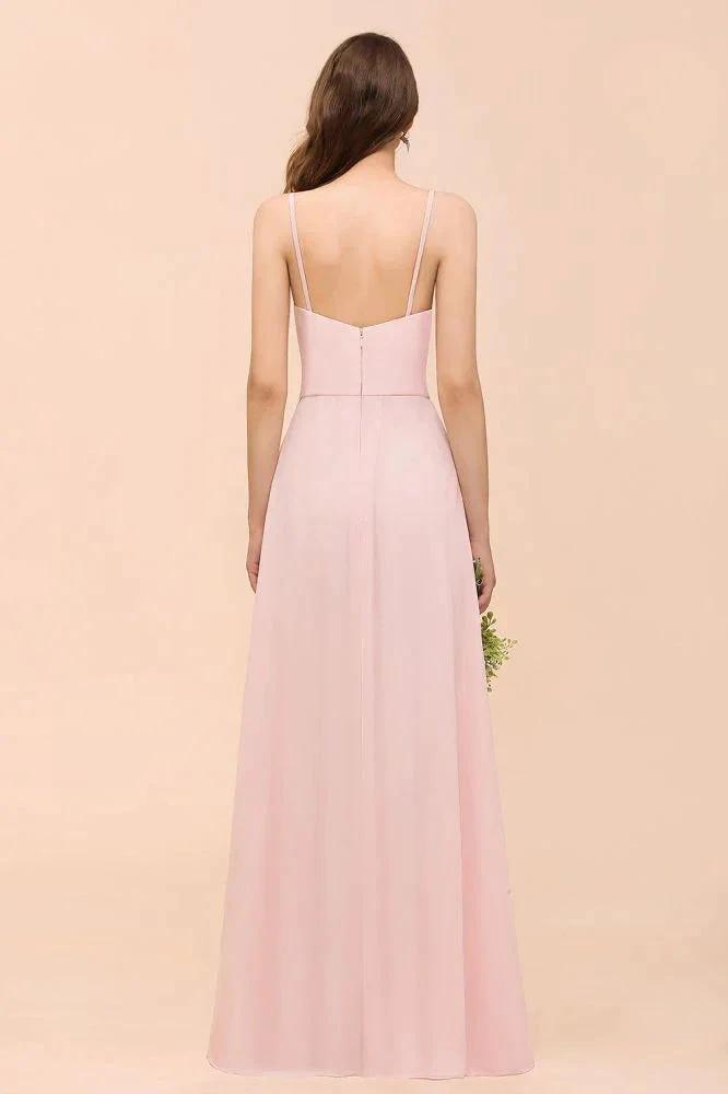Spaghetti Side Split Pink Bridesmaid Dress Beach Simple Wedding Dress by misshow.com