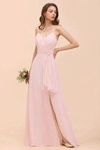 Spaghetti Side Split Pink Bridesmaid Dress Beach Simple Wedding Dress by misshow.com