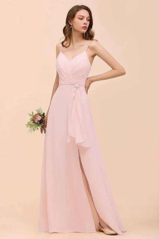 Spaghetti Side Split Pink Bridesmaid Dress Beach Simple Wedding Dress by misshow.com