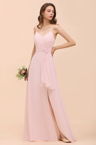 Vestido de dama de honor rosa con abertura lateral de espagueti, vestido de novia sencillo para playa
