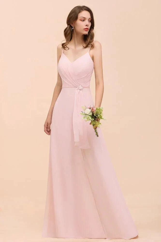 Spaghetti Side Split Pink Bridesmaid Dress Beach Simple Wedding Dress by misshow.com