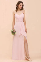 Spaghetti Side Split Pink Bridesmaid Dress Beach Simple Wedding Dress by misshow.com