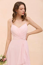 Spaghetti Side Split Pink Bridesmaid Dress Beach Simple Wedding Dress by misshow.com