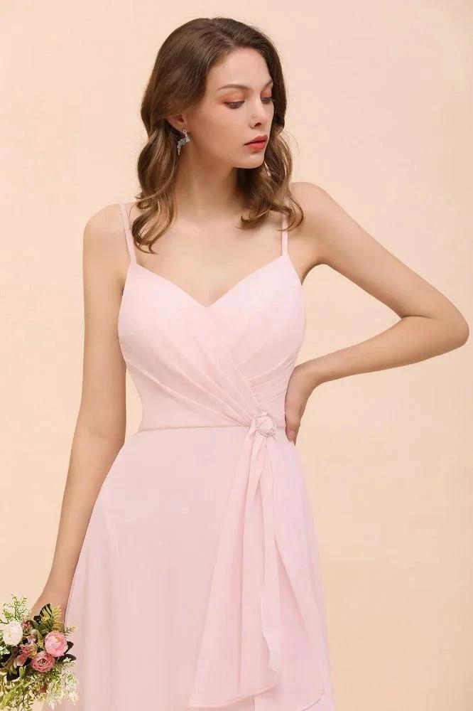 Spaghetti Side Split Pink Bridesmaid Dress Beach Simple Wedding Dress by misshow.com
