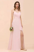Spaghetti Side Split Pink Bridesmaid Dress Beach Simple Wedding Dress by misshow.com
