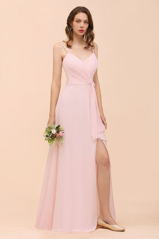 Vestido de dama de honor rosa con abertura lateral de espagueti, vestido de novia sencillo para playa