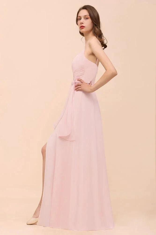 Spaghetti Side Split Pink Bridesmaid Dress Beach Simple Wedding Dress by misshow.com