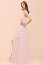 Spaghetti Side Split Pink Bridesmaid Dress Beach Simple Wedding Dress by misshow.com