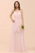 Spaghetti Side Split Pink Bridesmaid Dress Beach Simple Wedding Dress by misshow.com