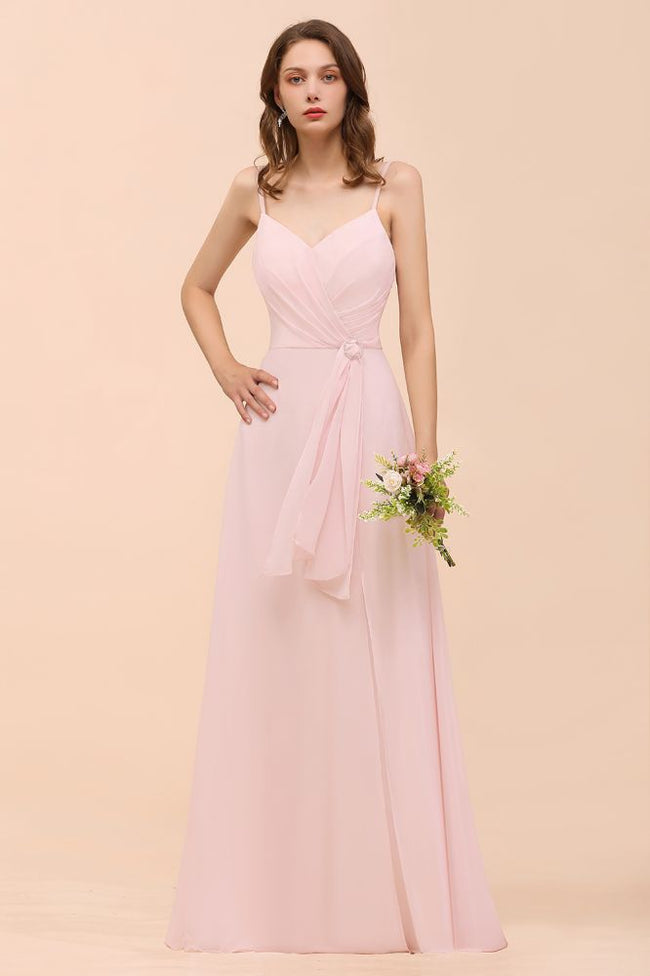 Spaghetti Side Split Pink Bridesmaid Dress Beach Simple Wedding Dress Hover Image