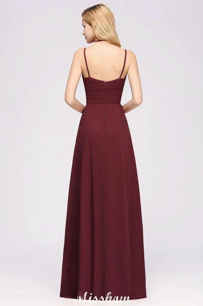 Spaghetti Sleeveless Ruffles A-line Chiffon Bridesmaid Dresses Straps Evening Maxi Dress by misshow.com