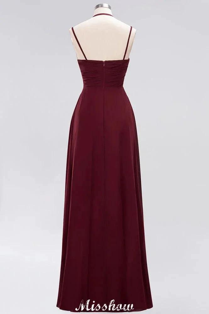 Spaghetti Sleeveless Ruffles A-line Chiffon Bridesmaid Dresses Straps Evening Maxi Dress by misshow.com