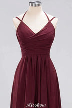 Spaghetti Sleeveless Ruffles A-line Chiffon Bridesmaid Dresses Straps Evening Maxi Dress by misshow.com