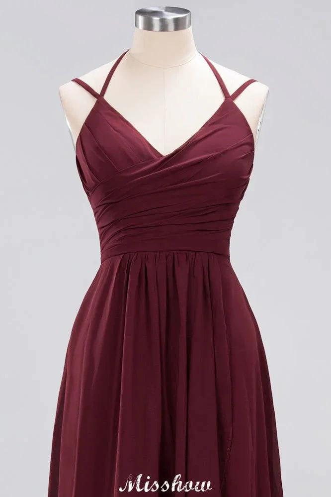Spaghetti Sleeveless Ruffles A-line Chiffon Bridesmaid Dresses Straps Evening Maxi Dress by misshow.com