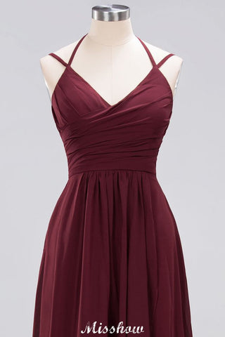 Spaghetti Sleeveless Ruffles A-line Chiffon Bridesmaid Dresses Straps Evening Maxi Dress
