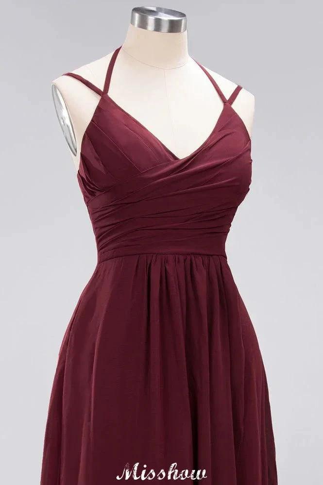 Spaghetti Sleeveless Ruffles A-line Chiffon Bridesmaid Dresses Straps Evening Maxi Dress by misshow.com