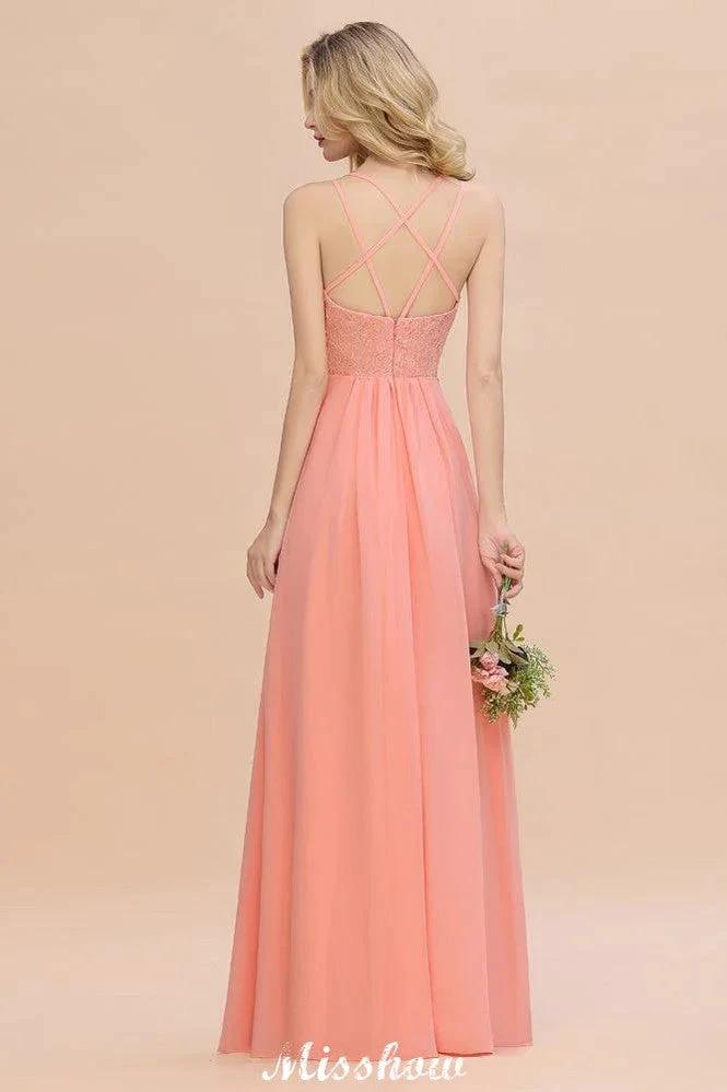 Spaghetti Slim Side Split Bridesmaid Dress Sky Blue V-Neck Wedding Party Dress by misshow.com