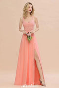 Spaghetti Slim Side Split Bridesmaid Dress Sky Blue V-Neck Wedding Party Dress by misshow.com